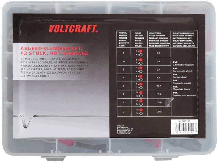 Ensemble de pinces de test Voltcraft, 42 pièces, rouge/noir, dans un boîtier en plastique transparent. Contient des détails techniques et des spécifications.