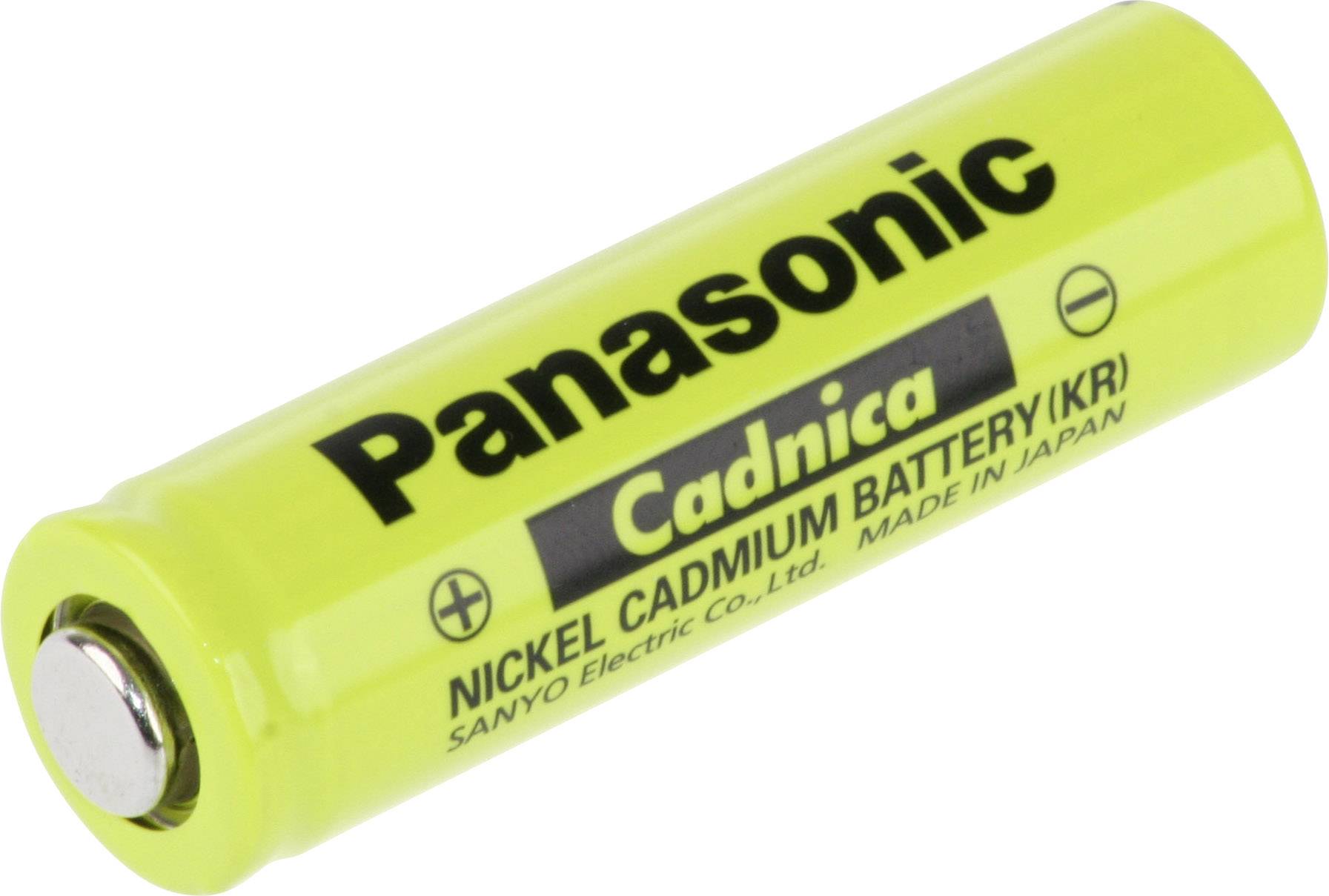 Une batterie nickel-cadmium jaune-verte portant l'inscription « Panasonic Cadnica » visible sur le côté.
