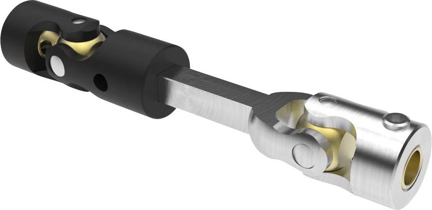 Un joint de cardan en argent et noir avec des accents dorés, qui transmet un mouvement mécanique.