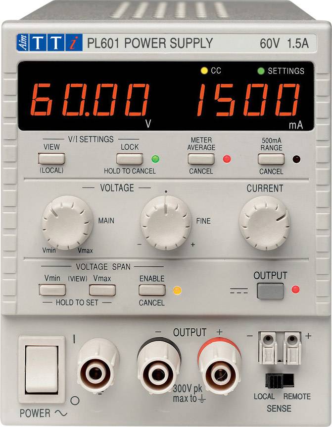 Bloc d'alimentation avec affichage numérique indiquant '60,00 V' et '1500 mA'. Boutons de réglage pour la tension et l'intensité du courant, sorties en bas.