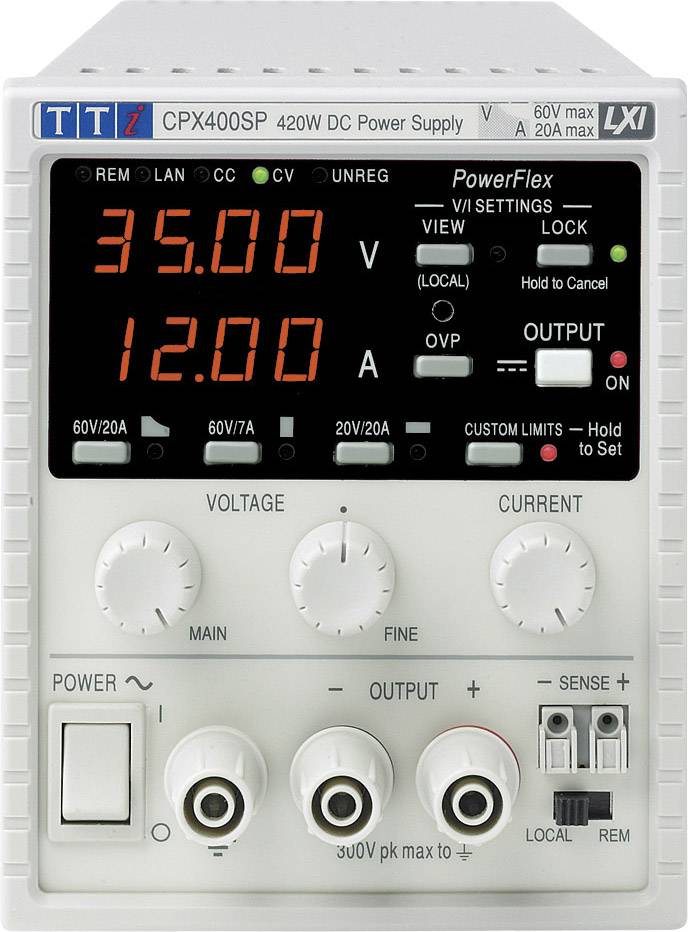 TTi CPX400SP alimentation électrique. Affichage indique 35,00 V, 12,00 A. Régulateurs de réglage pour tension et intensité. Connexions en bas.