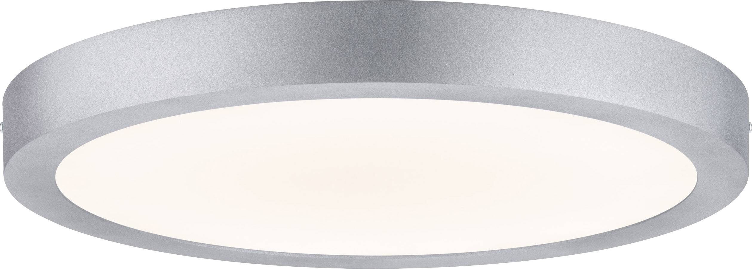 Un plafonnier LED rond et plat de couleur argentée avec un diffuseur. Adapté aux designs modernes d'habitation ou de bureau.