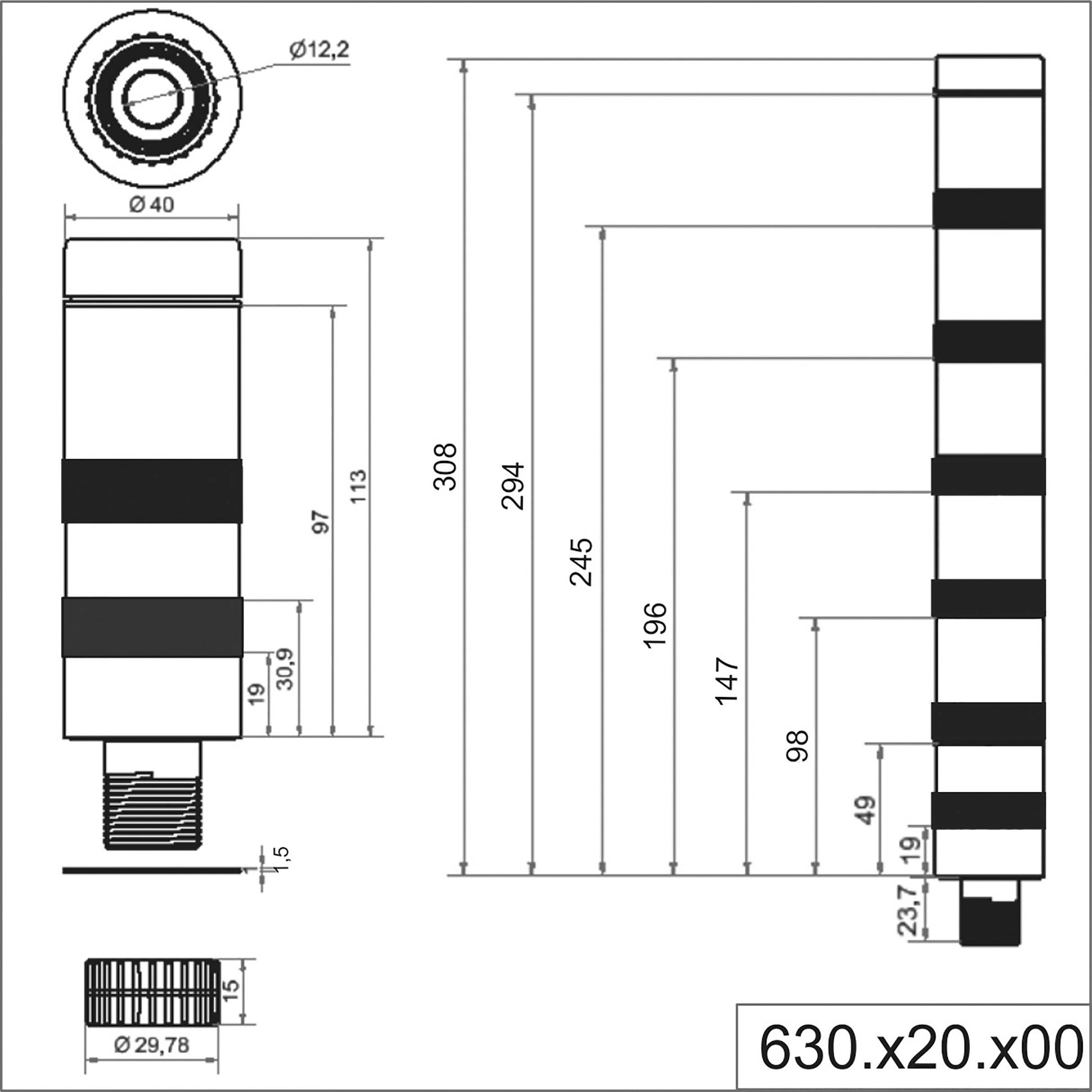 Dessin technique d'un cylindre avec dimensions de hauteur et de diamètre. Vue de dessus et de côté, avec indications numériques.