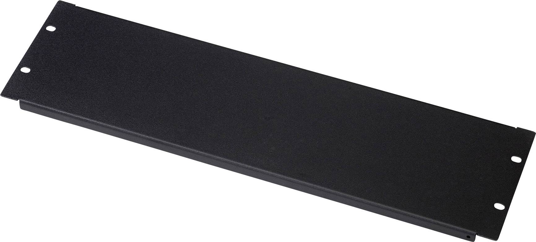 Plaque de couverture noire rectangulaire avec quatre trous de montage aux coins, probablement destinée à être utilisée dans un système de rack.