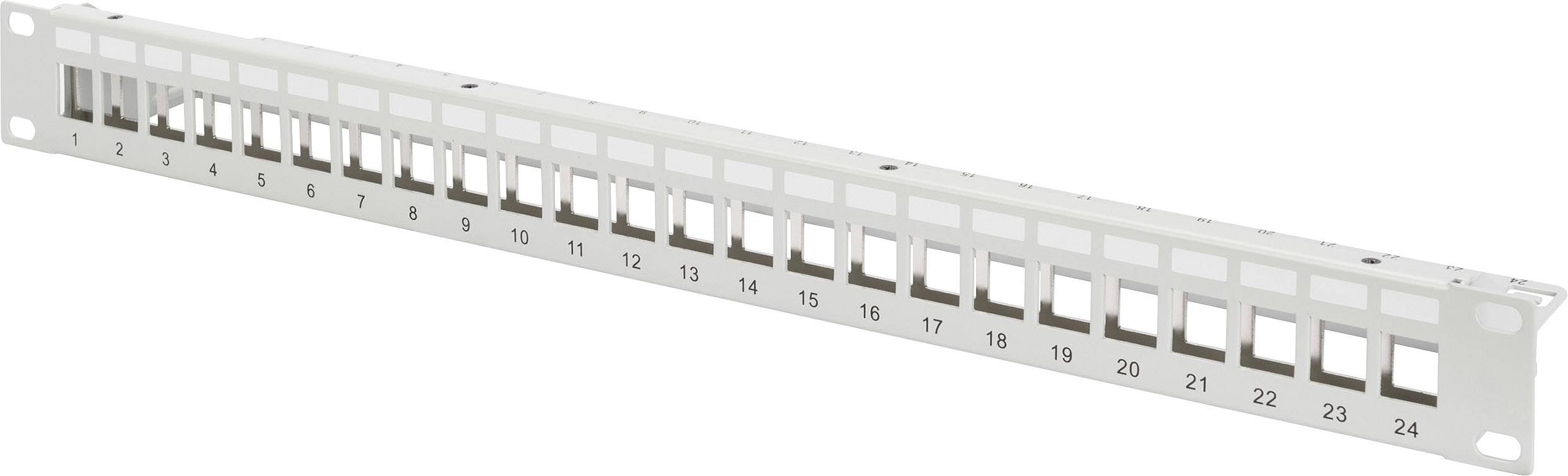 Panneau de brassage vide avec 24 ports RJ45 numérotés, prêt à être installé dans un rack réseau.