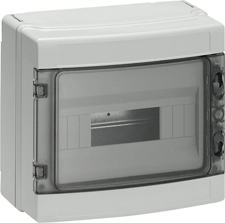 Un boîtier de distribution électrique gris avec un couvercle transparent pour montage mural, adapté aux fusibles ou aux appareillages électriques.