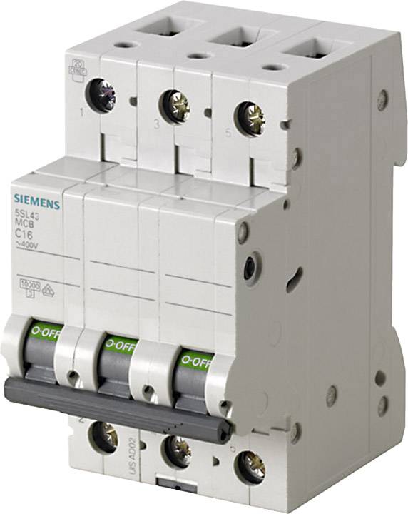 'Disjoncteur Siemens, modèle 5SL4, tripolaire, 16A, avec positions de commutation marquées 'ON' et 'OFF'.'