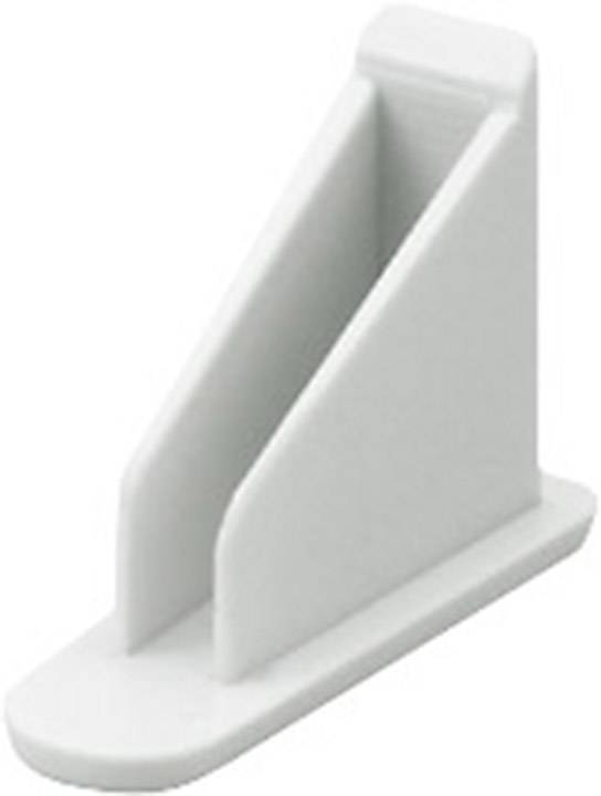 Un connecteur angulaire triangulaire blanc en plastique, probablement utilisé pour stabiliser ou assembler des pièces de mobilier.