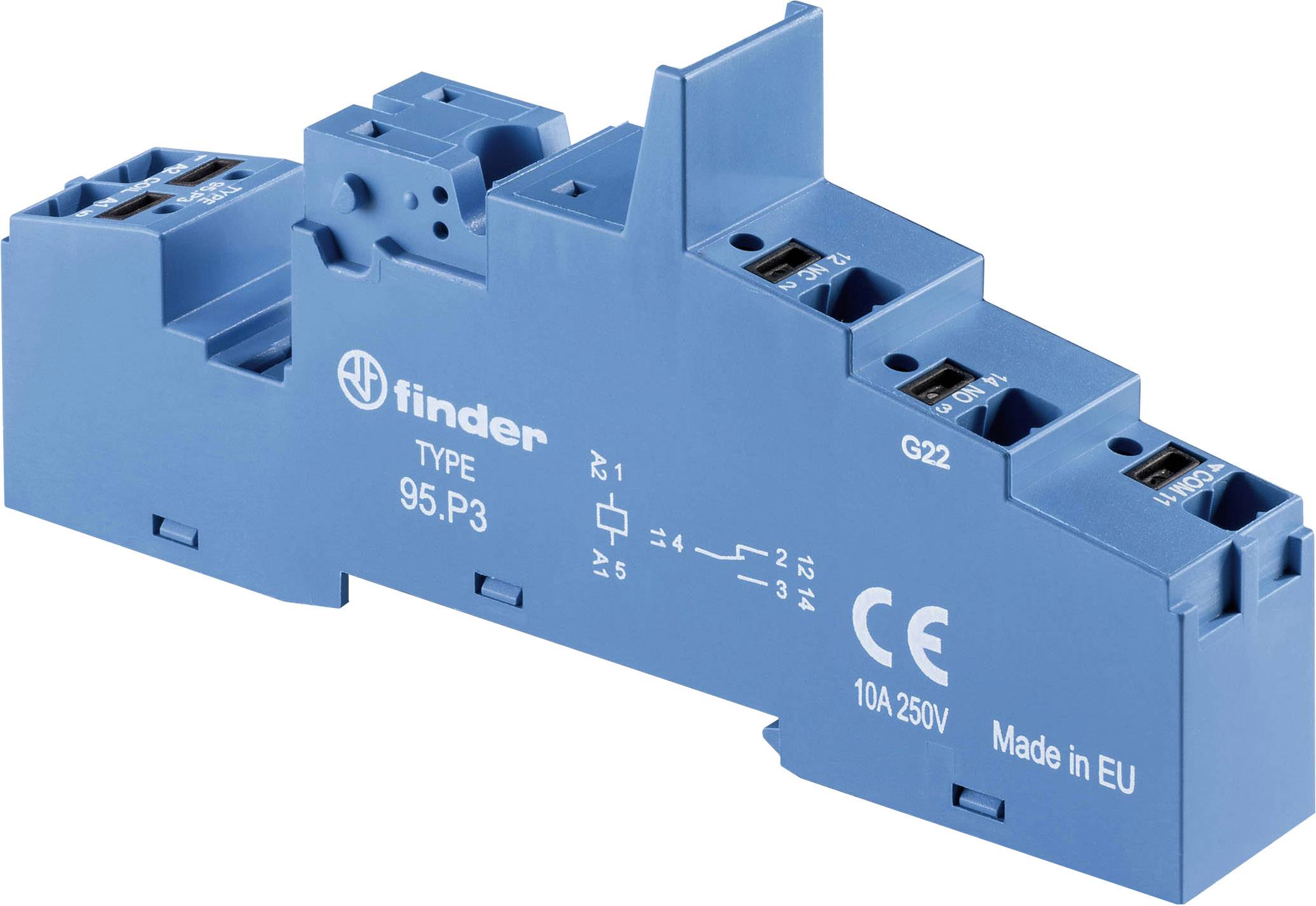 Support électronique de composant en plastique bleu avec plusieurs bornes de connexion, portant des étiquettes et des informations techniques visibles.