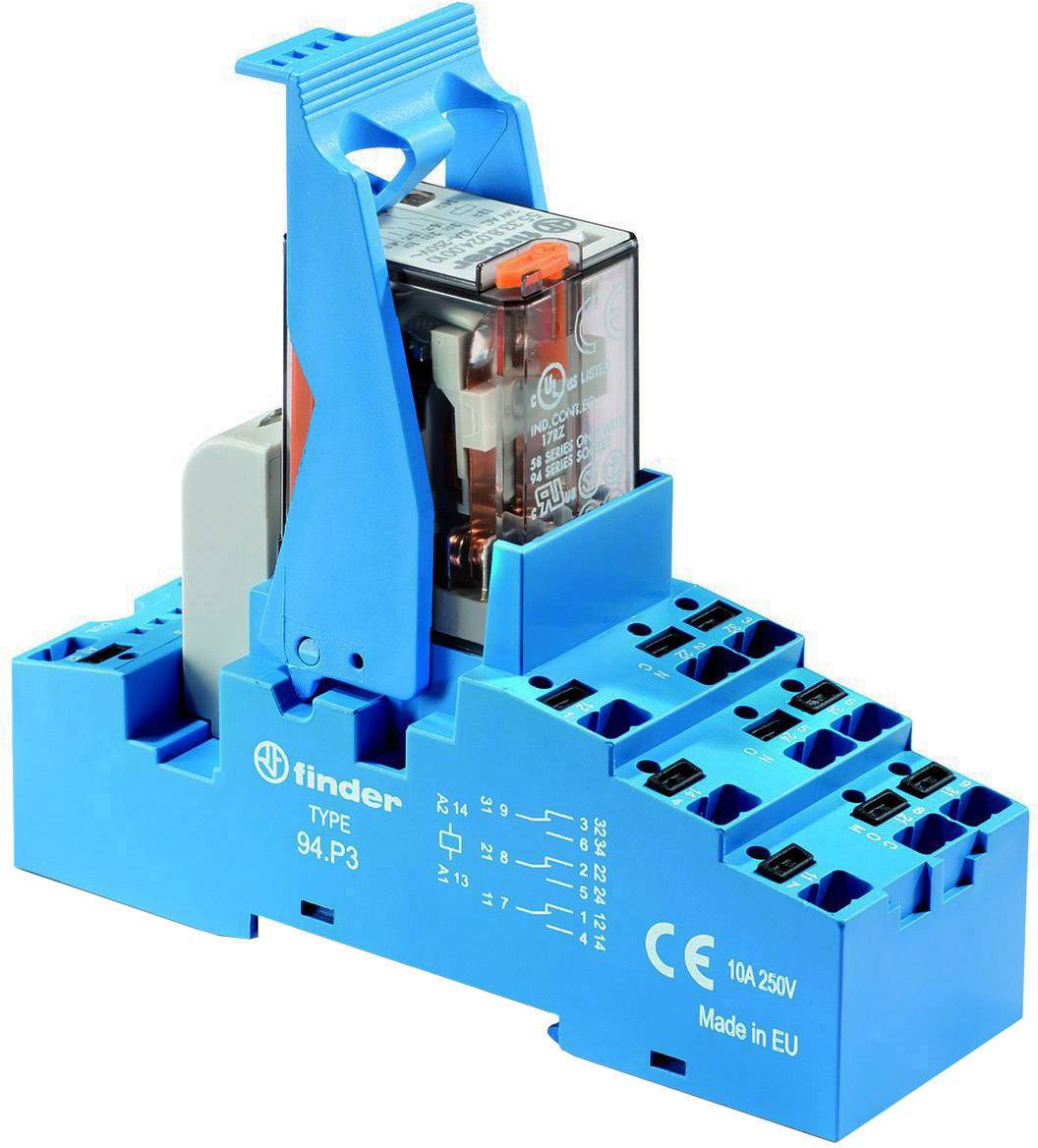'Relais Finder 94.P3' sur socle bleu, adapté aux applications industrielles. Fabriqué dans l'UE, tension jusqu'à 250V, 10A.