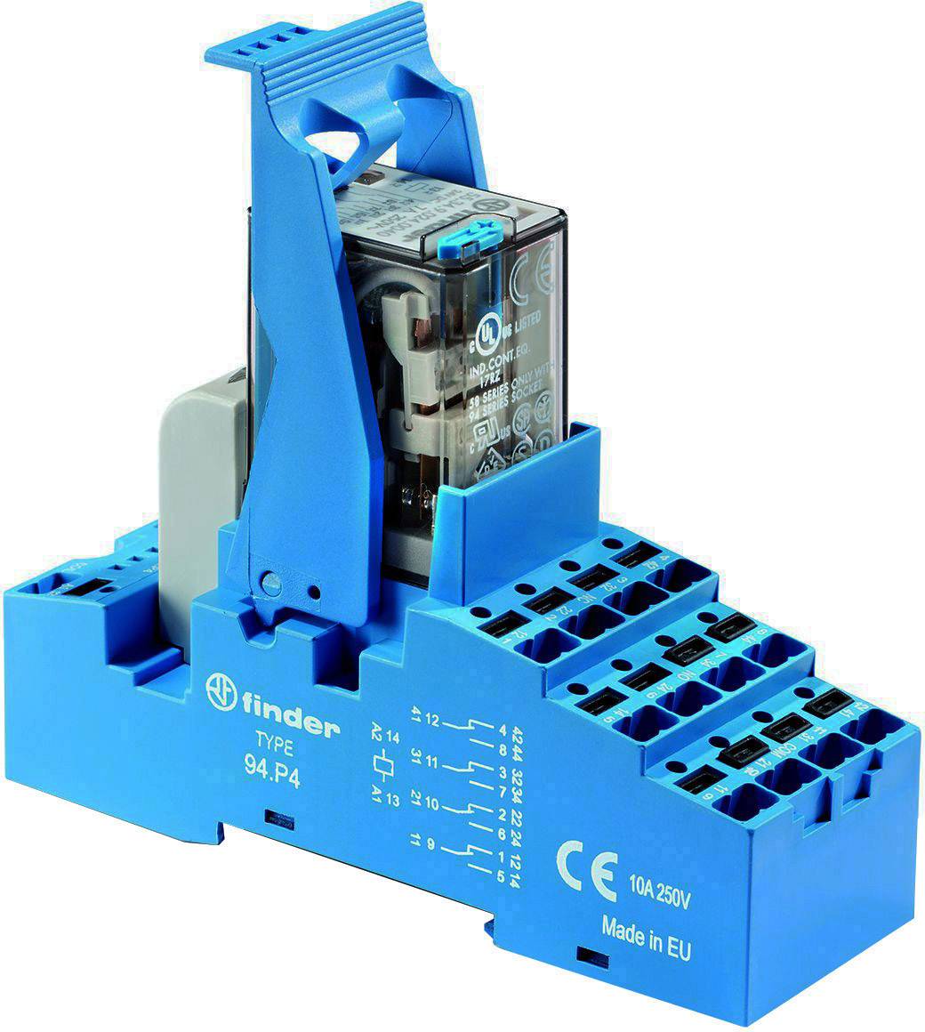 Module relais électrique bleu avec plusieurs points de connexion et l'étiquette 'finder TYPE 54.P4', adapté pour 10A 250V, fabriqué dans l'UE.
