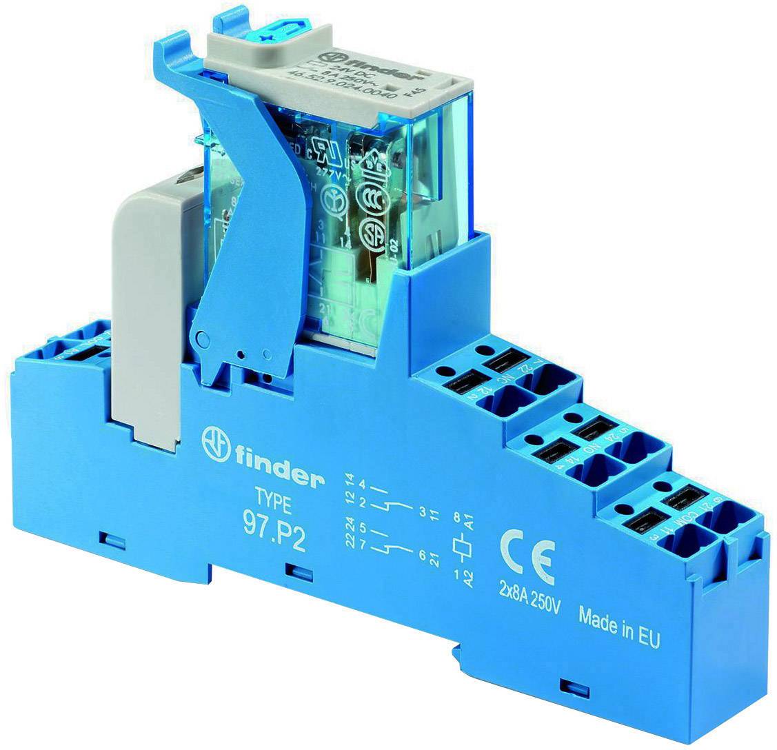 Relais 'Finder' dans un boîtier bleu avec des bornes enfichables et une partie transparente pour les circuits électriques. Étiquettes du produit visibles.