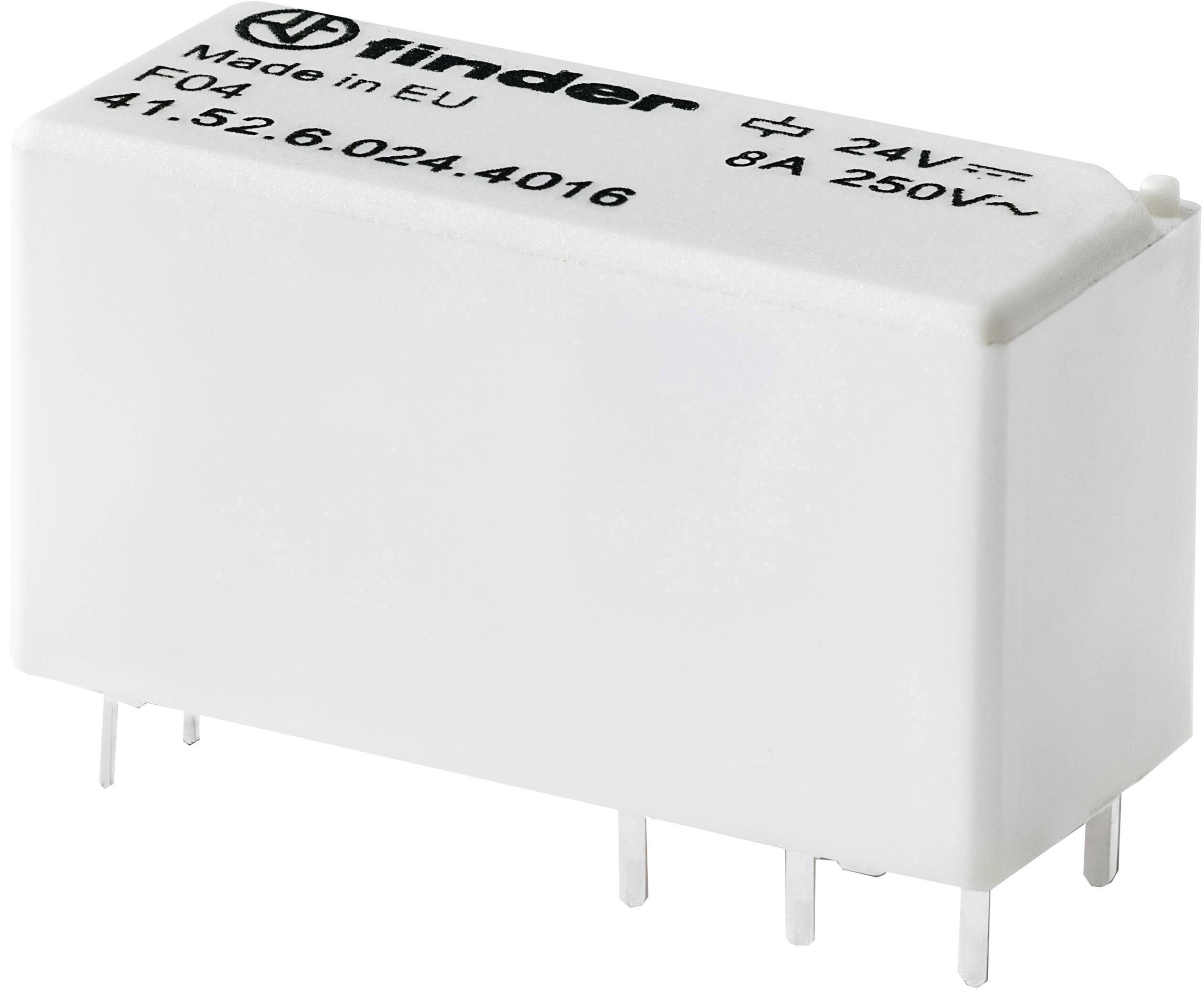 Un relais blanc portant l'inscription '8A 250V~'. Fabriqué dans l'UE, avec la marque 'finder'. Adapté pour des applications 24V.