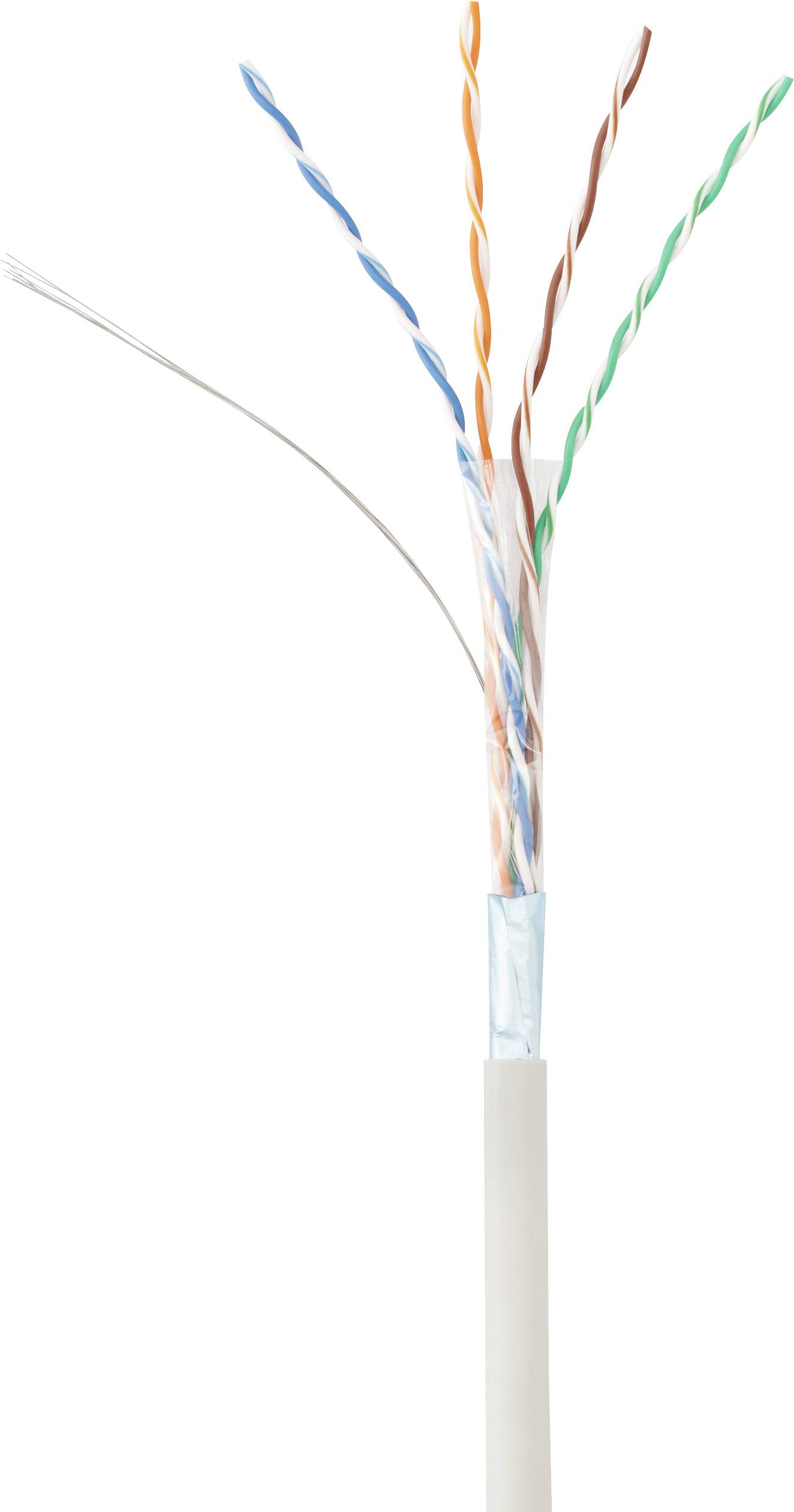 Un câble Ethernet non blindé montre quatre paires de fils torsadés de différentes couleurs : orange, vert, bleu et marron.