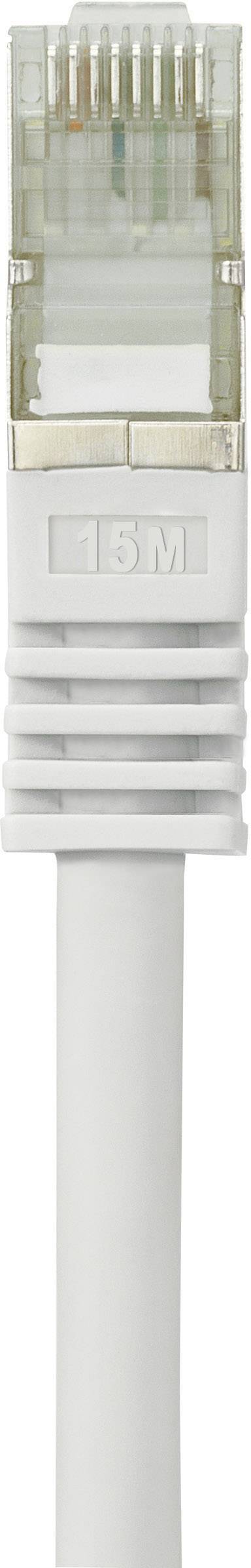 Un câble Ethernet blanc avec une prise RJ-45 transparente révélant le câblage interne coloré. Sur la prise est inscrit '15M'.