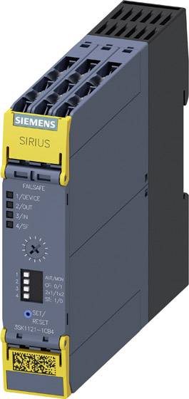 Dispositif de commande industriel Siemens de la série SIRIUS, de couleur jaune et grise, équipé de plusieurs connexions et d'indicateurs LED pour un fonctionnement de sécurité intégrée.