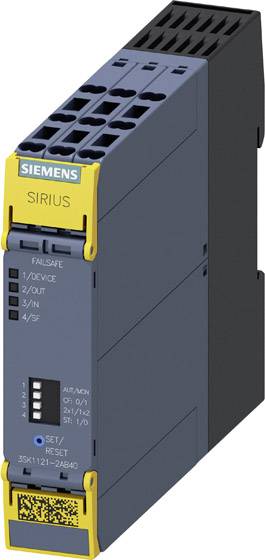 Relais de sécurité Siemens, modèle SIRIUS, pour applications industrielles, avec bornes d'entrée et de sortie et bouton de réinitialisation.