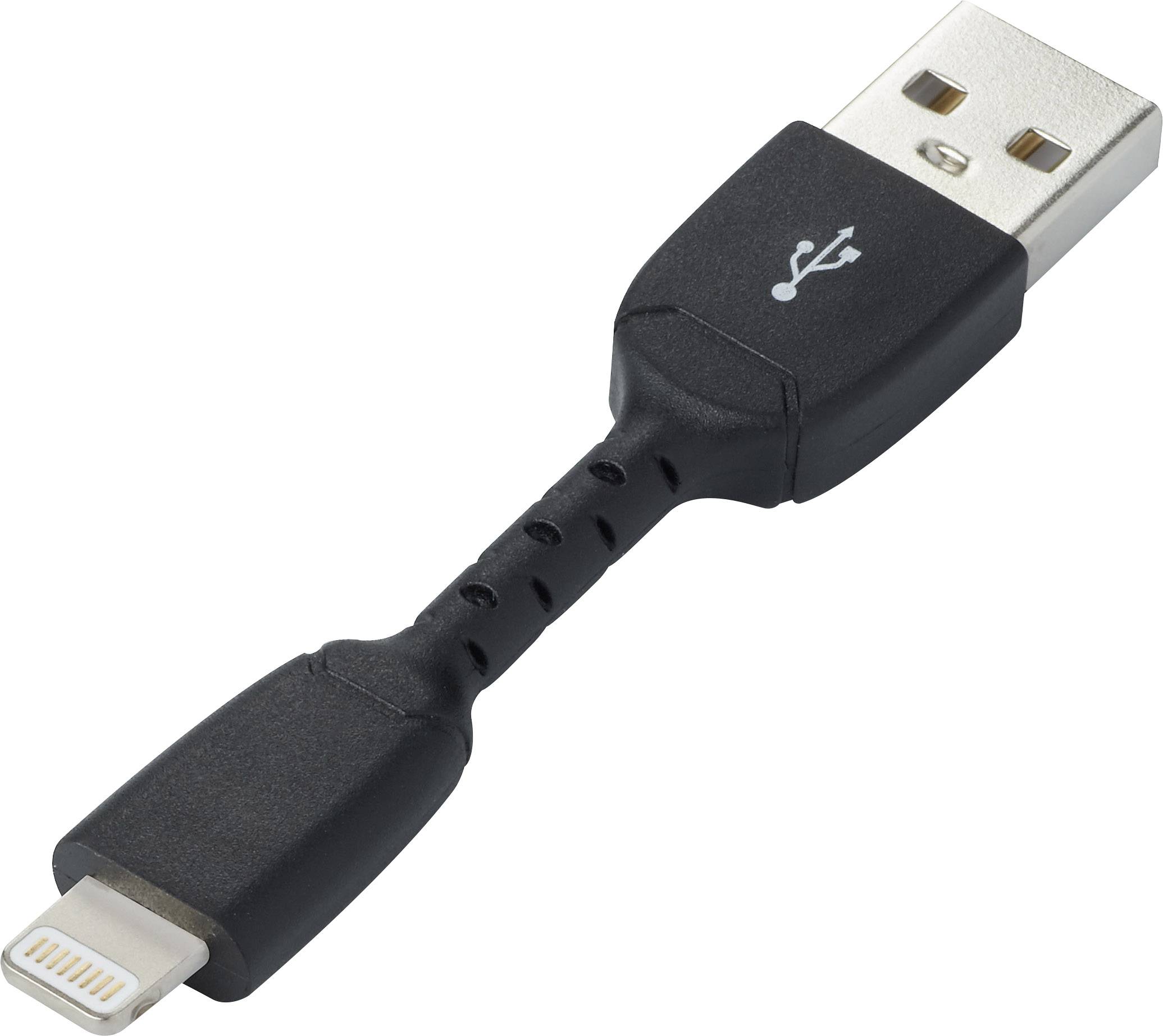 Un adaptateur de câble noir USB vers Lightning, utilisable pour connecter des appareils avec des ports USB.