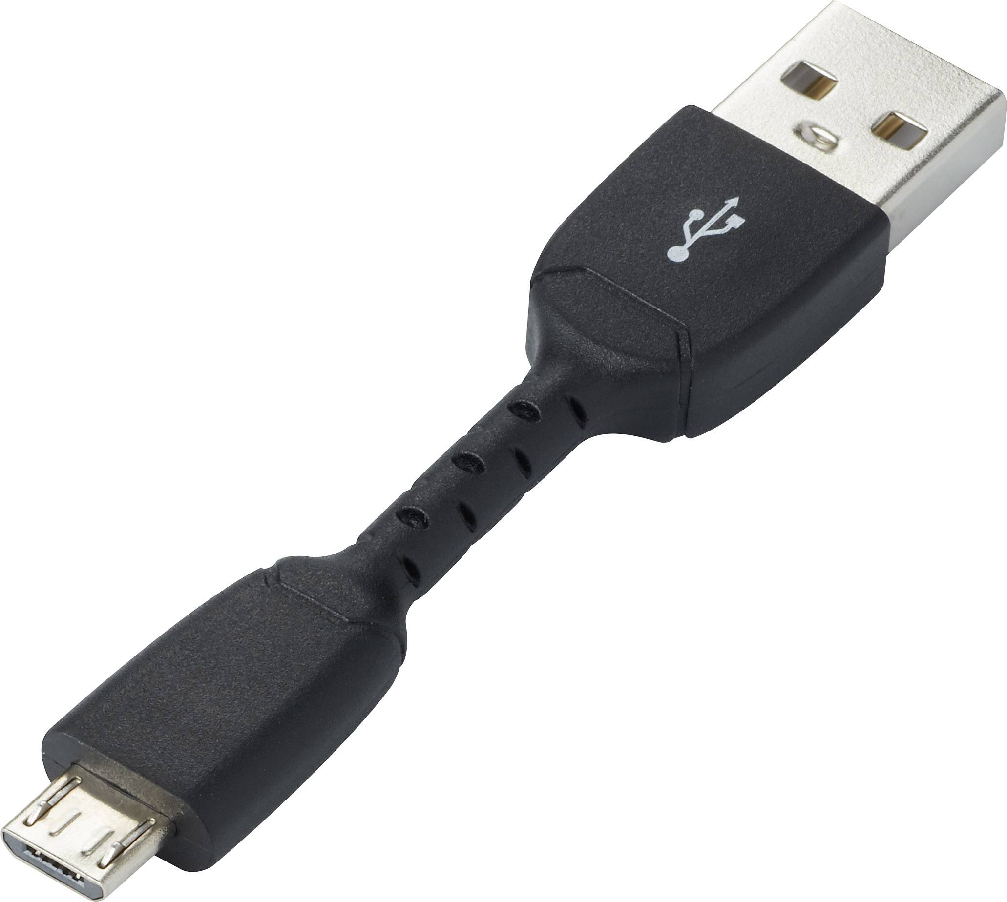 Câble USB avec une fiche USB-A d'un côté et une fiche Micro-USB de l'autre, noir.