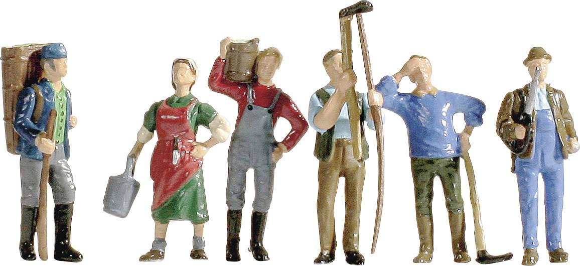 Six figurines miniatures colorées, représentant des travailleurs et des agriculteurs dans des professions traditionnelles.