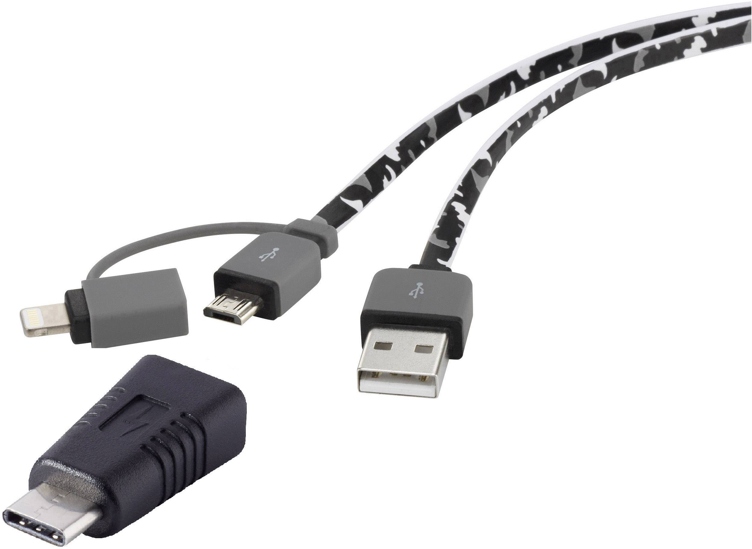 Renkforce Câble USB USB 2.0 USB-A mâle, USB-C® mâle, USB-Micro-B mâle, Connecteur Lightning 0.20 m camouflage très flexible