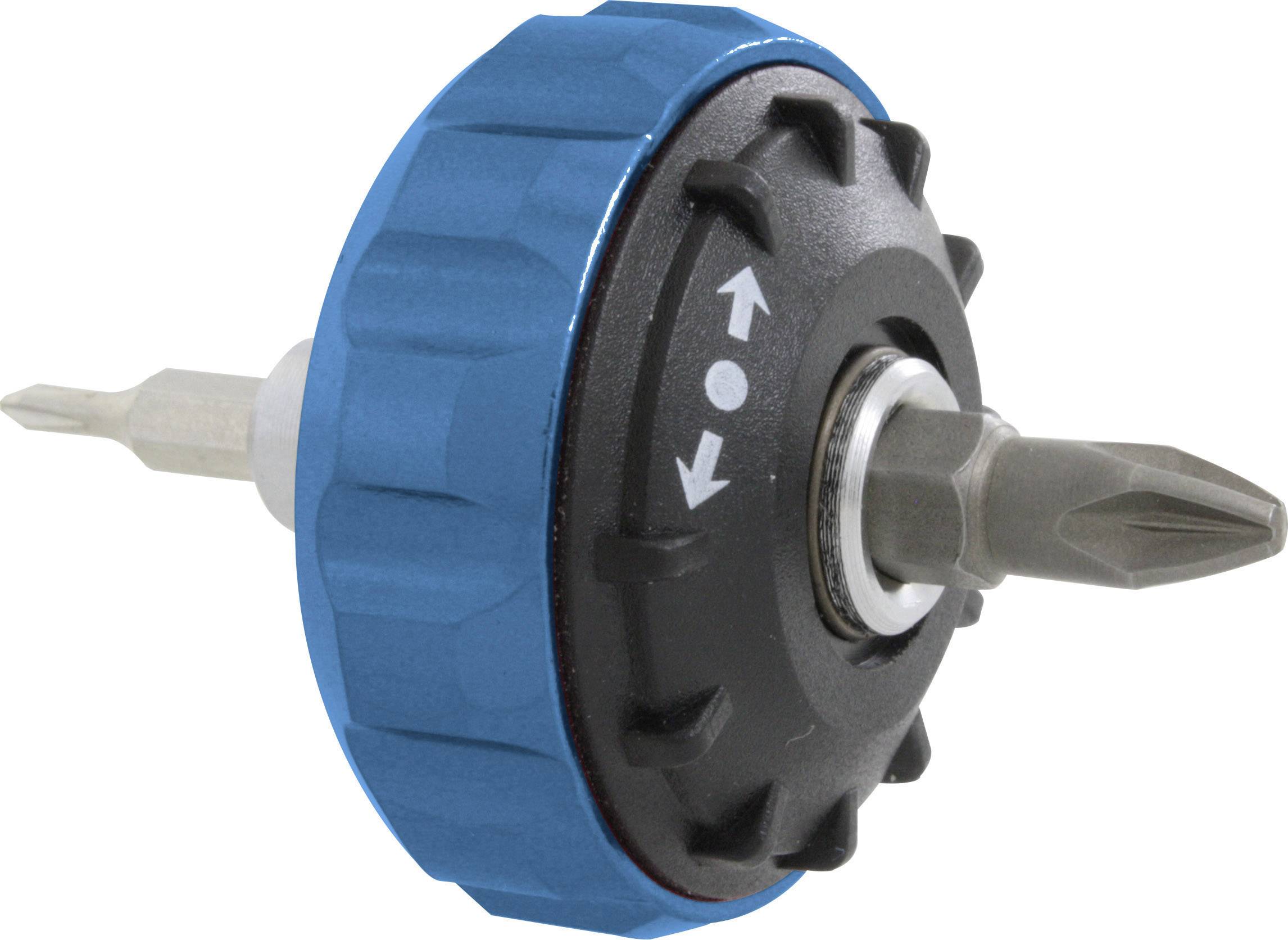 Un adaptateur pivotant pour embouts de tournevis avec deux tournevis, facilitant le changement rapide des embouts.