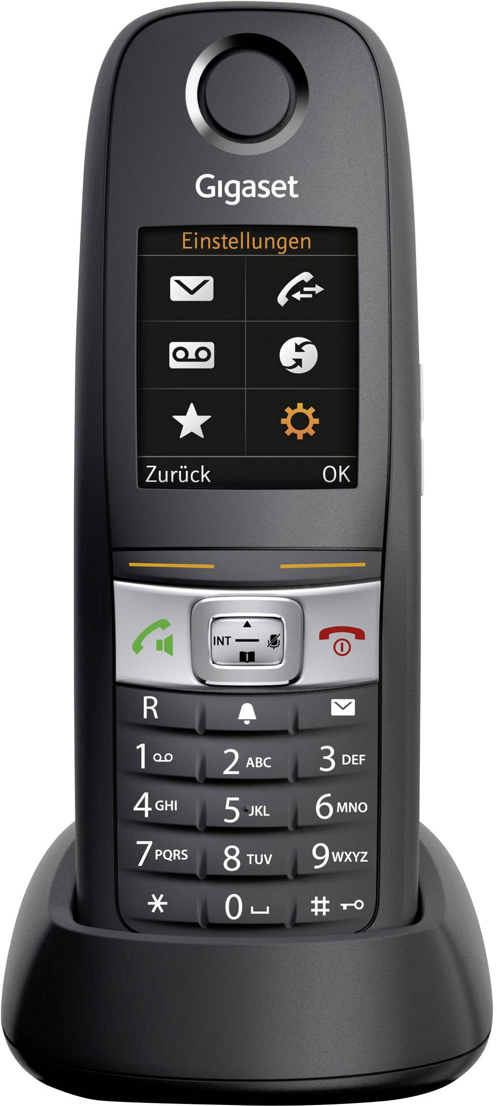 Téléphone sans fil posé sur sa station, affichant un écran avec des icônes de menu pour les messages, les paramètres et les journaux d'appels.