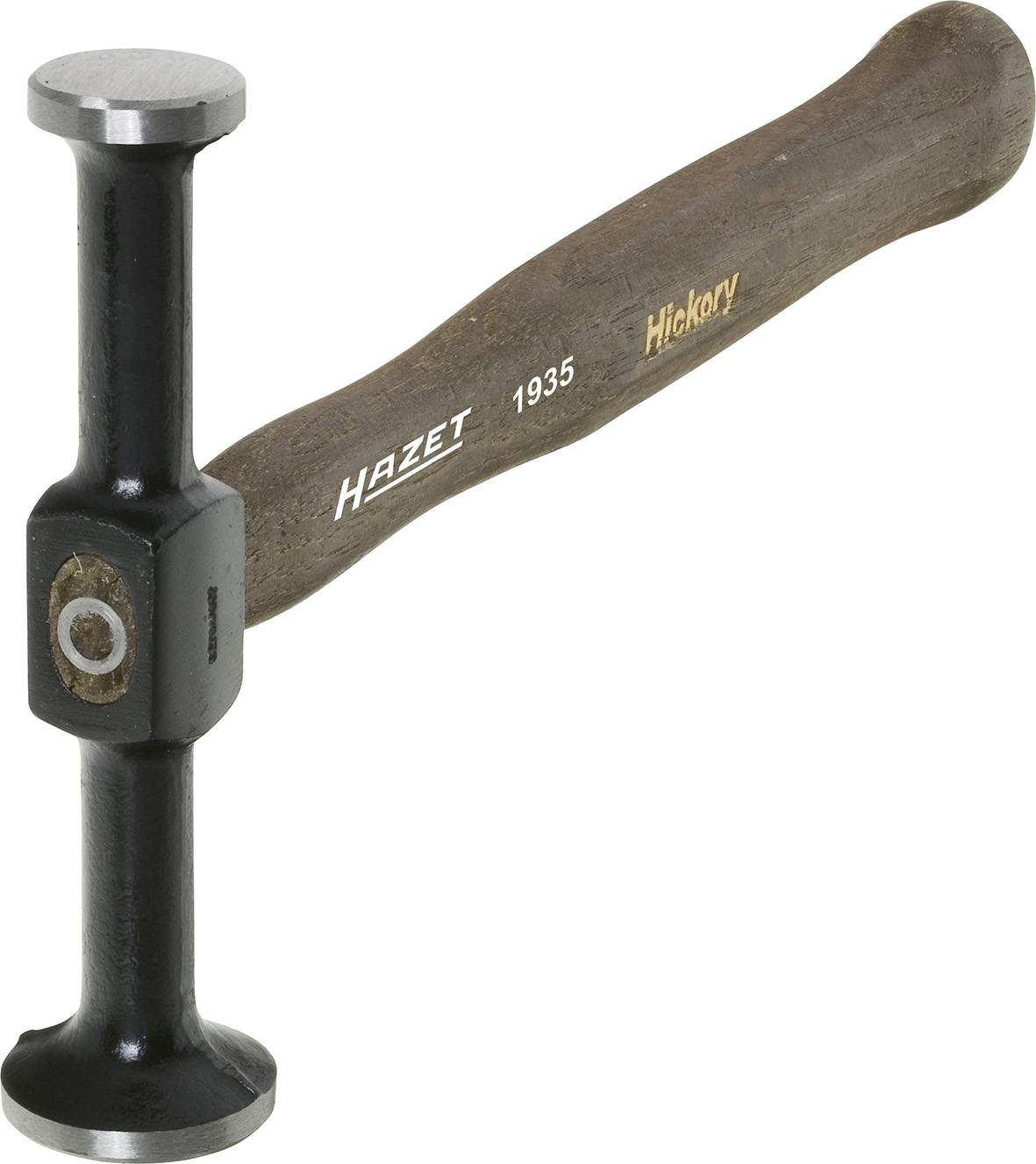 Un marteau avec un manche en bois et une tête métallique ronde plate des deux côtés. La marque 'Hazet' est imprimée sur le manche.