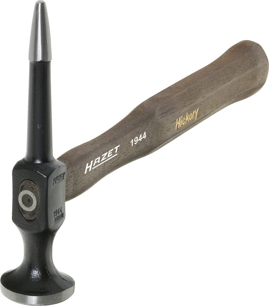 Marteau avec un poinçon pointu et une tête ronde, manche en bois portant l'inscription : « Hazet 1944 Hickory ».