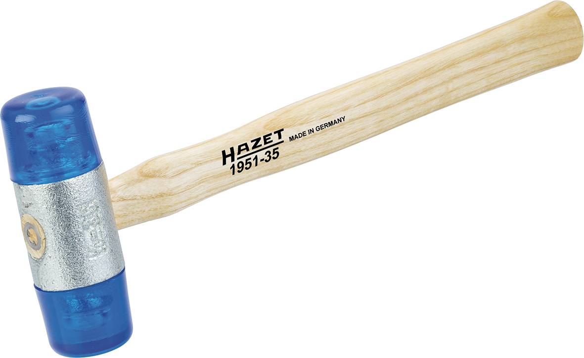 Marteau en caoutchouc à tête bleue et manche en bois, portant l'inscription 'Hazet 1951-35 Made in Germany'.
