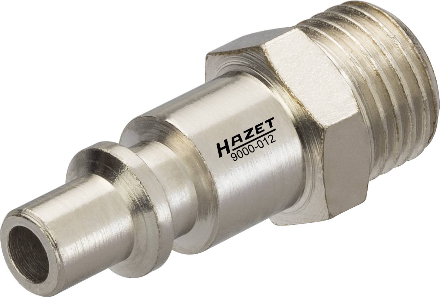 Embout de raccordement de tuyau brillant métallique avec filetage externe et l'inscription 'Hazet 9000-012'.