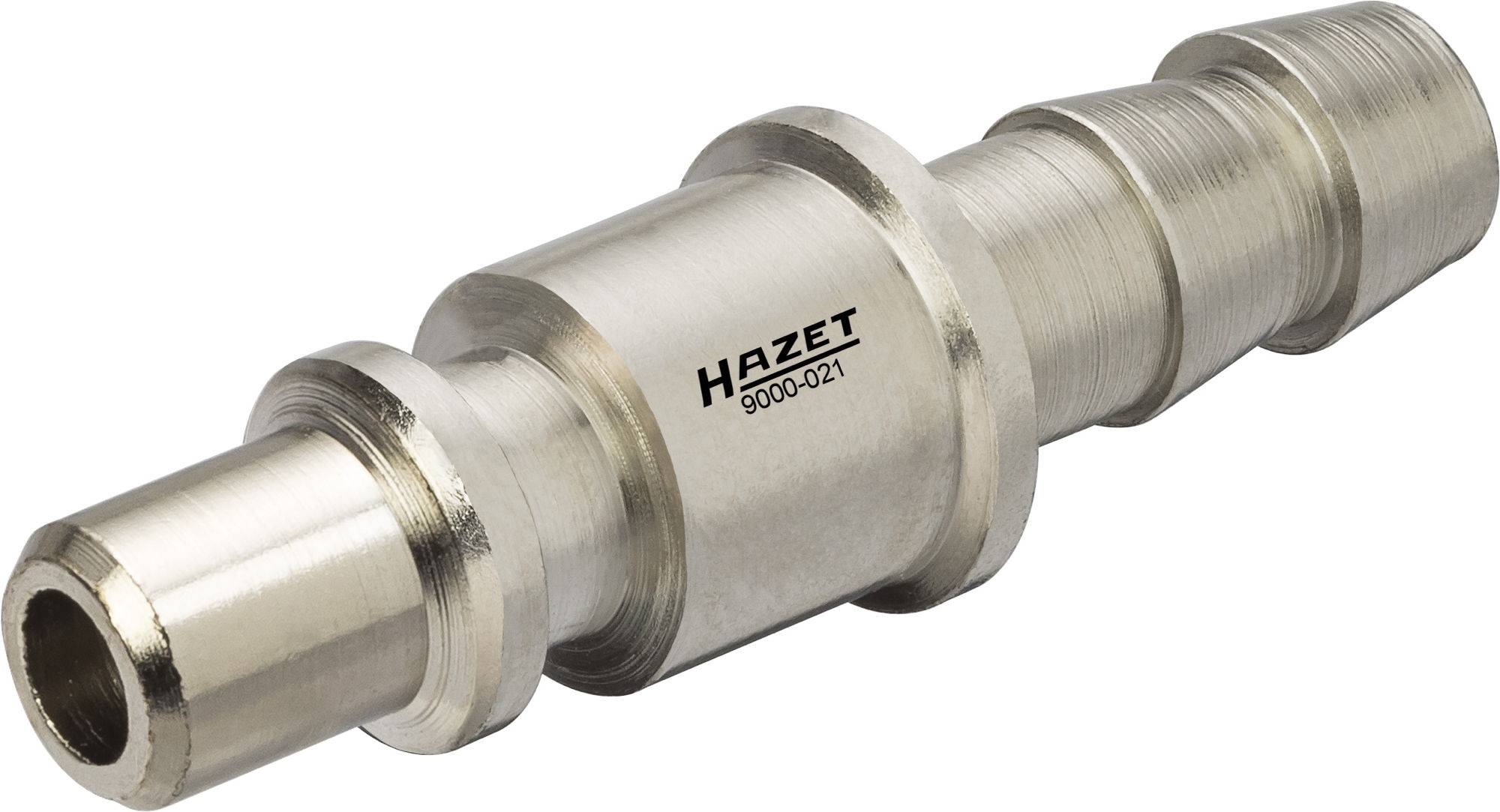 Un adaptateur en métal argenté portant l'inscription 'HAZET 9000-021', de forme cylindrique, utilisé dans des applications techniques ou mécaniques.