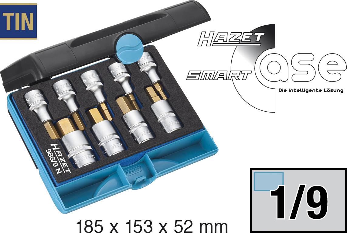 Une boîte en plastique bleu contenant six clés à ergots ; inscription 'HAZET Smart Case'. Dimensions : 185 x 153 x 52 mm. Numéro de l'annonce 1/9.