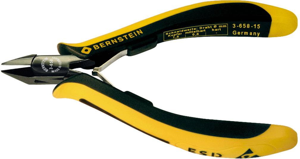 Une pince de précision jaune et noir de la marque Bernstein, modèle 3-658-15, fabriquée en Allemagne, adaptée aux travaux de coupe fine.