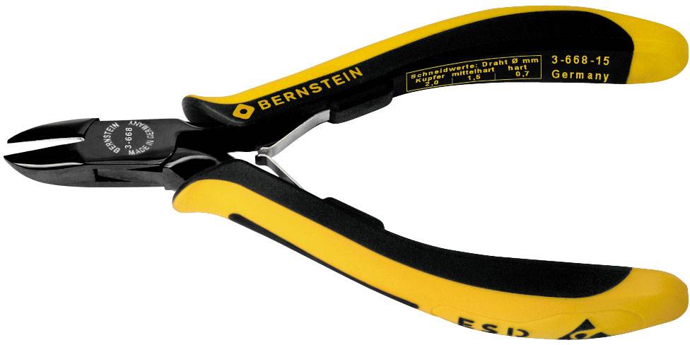Pince coupante jaune avec poignée noire portant l'inscription 'Bernstein', adaptée aux travaux électriques délicats.