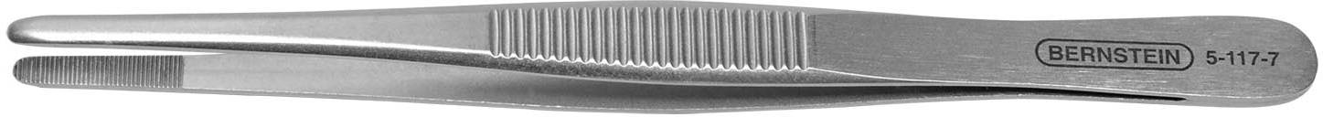 Une pince à épiler en argent avec une pointe cannelée et une poignée lisse sur laquelle est gravé 'BERNSTEIN 5-117'.