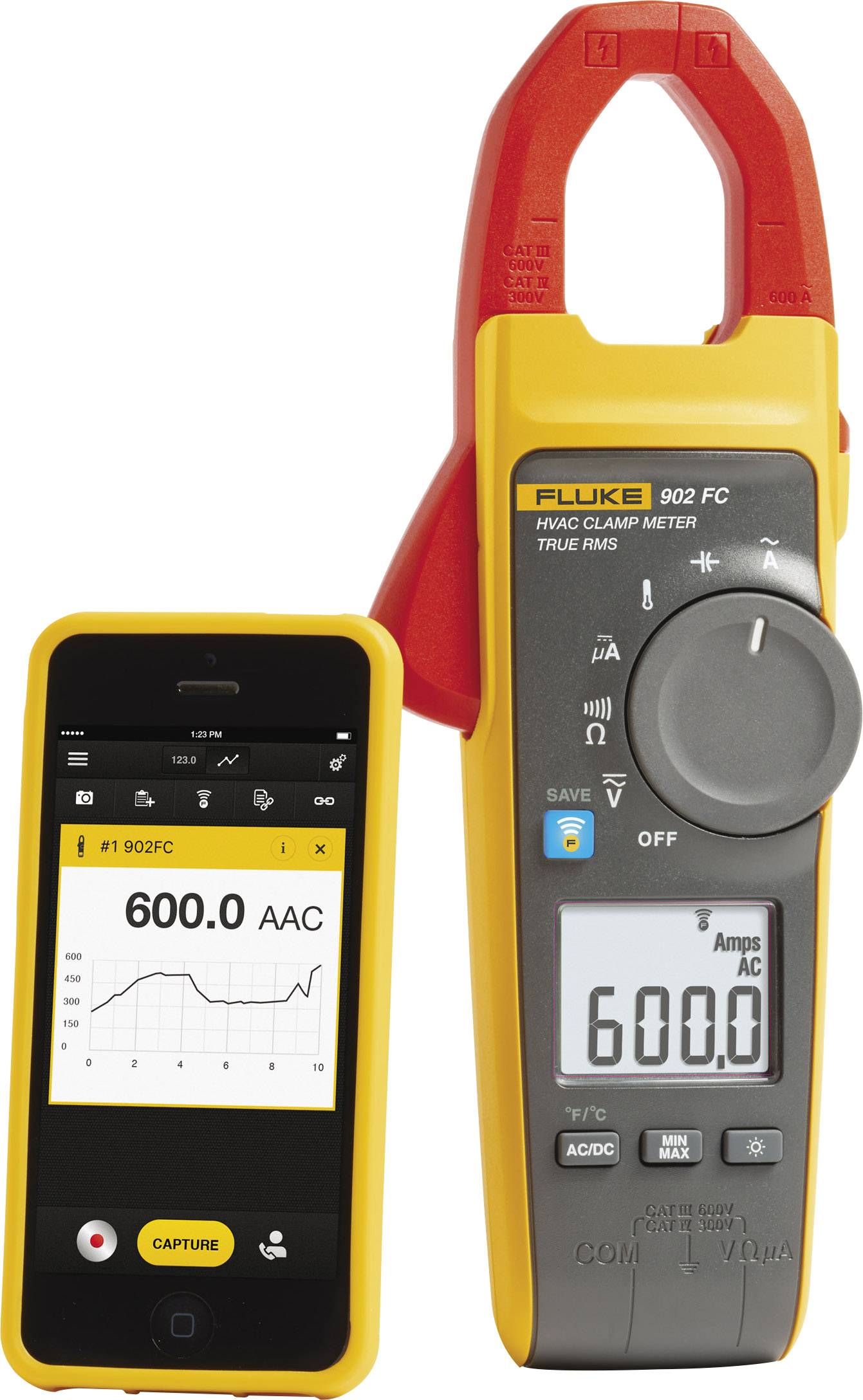 Pince ampèremétrique Fluke 902 FC avec affichage numérique de 600 ampères AC. Smartphone affichant l'application mobile associée de mesure de données. Adaptée aux électriciens.