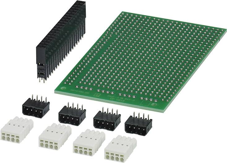 Une platine de prototypage verte avec perforations, équipée de connecteurs noirs et blancs, adaptée aux circuits électroniques et au développement de prototypes.