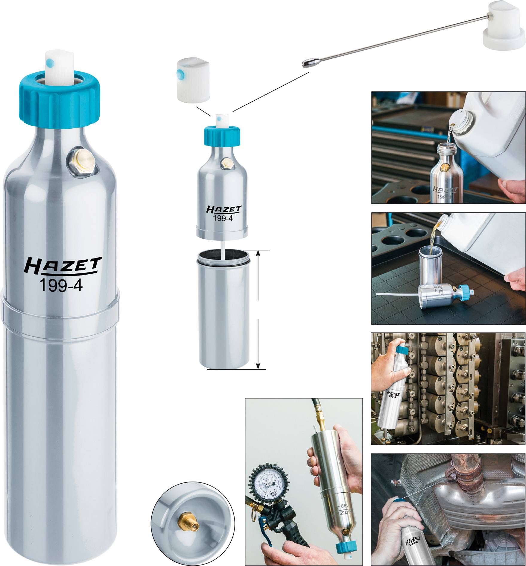 Pulvérisateur HAZET 199-4 : présente les détails du design de la bouteille, sa capacité de remplissage et des exemples d'applications pour la lubrification de pièces mécaniques.