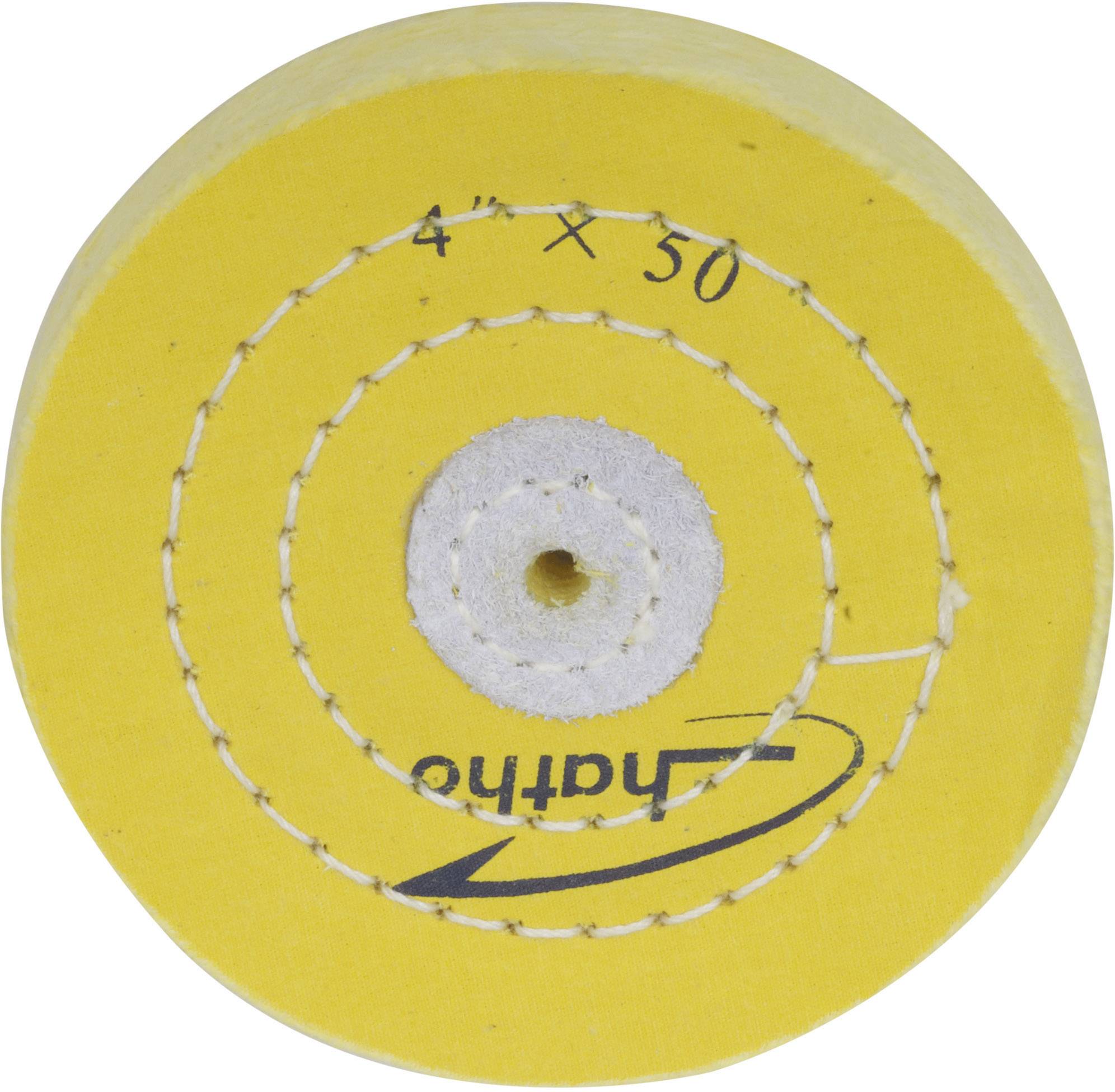 Disque de polissage jaune avec des cercles cousus et un trou central. Inscription : « 4