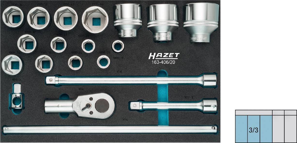 Coffret de douilles et d'embouts Hazet, composé de différentes douilles et embouts, soigneusement rangé dans un support en mousse.