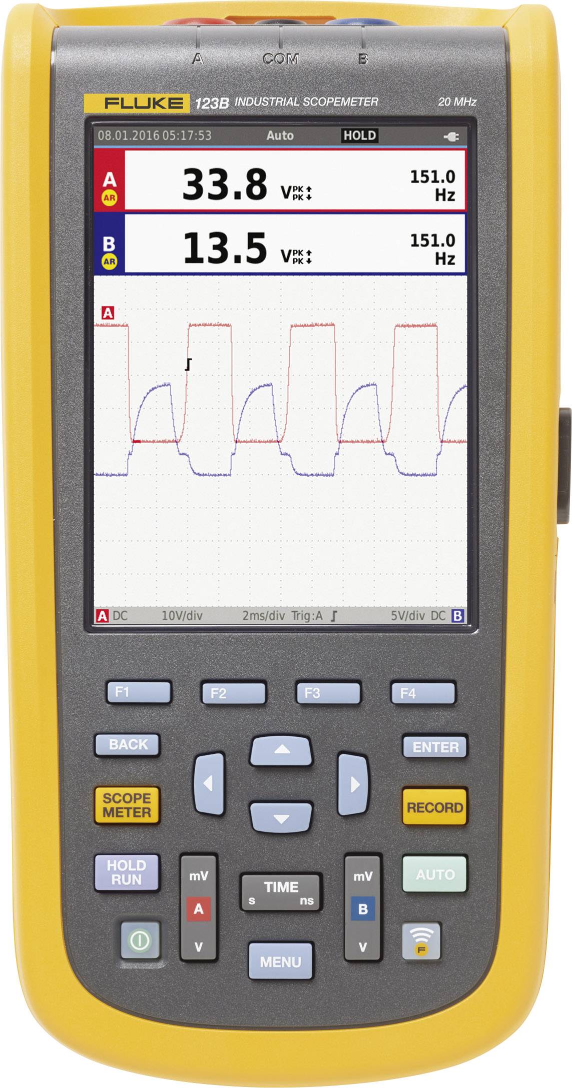Un oscilloscope portable jaune affiche à l'écran un signal sinusoïdal avec des valeurs de fréquence de 33,8 et 13,5 à 151,0 Hz.