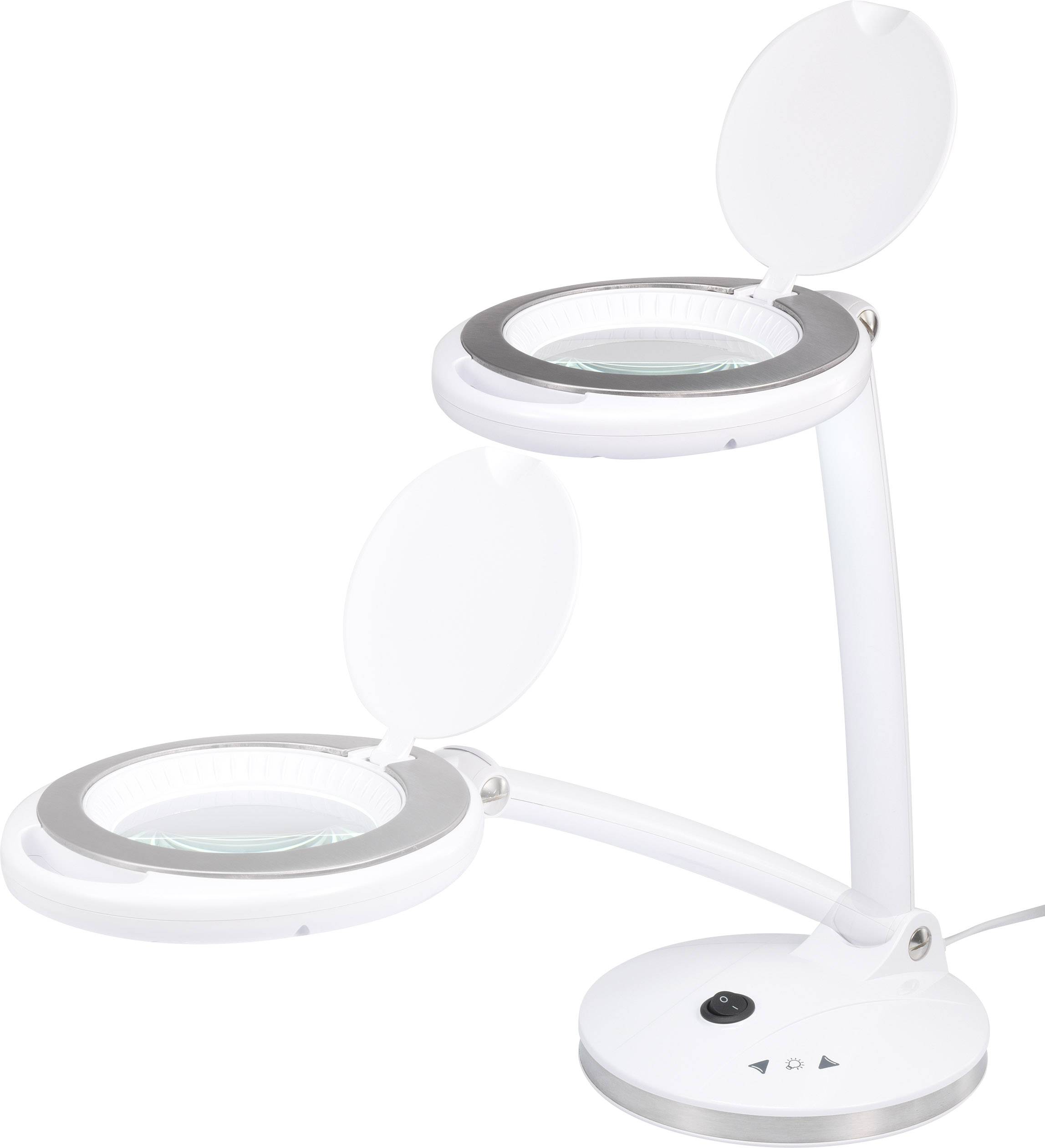 Lampe de table blanche avec deux têtes lumineuses rondes et une loupe intégrée, montées sur des bras articulés, idéale pour des travaux de précision.