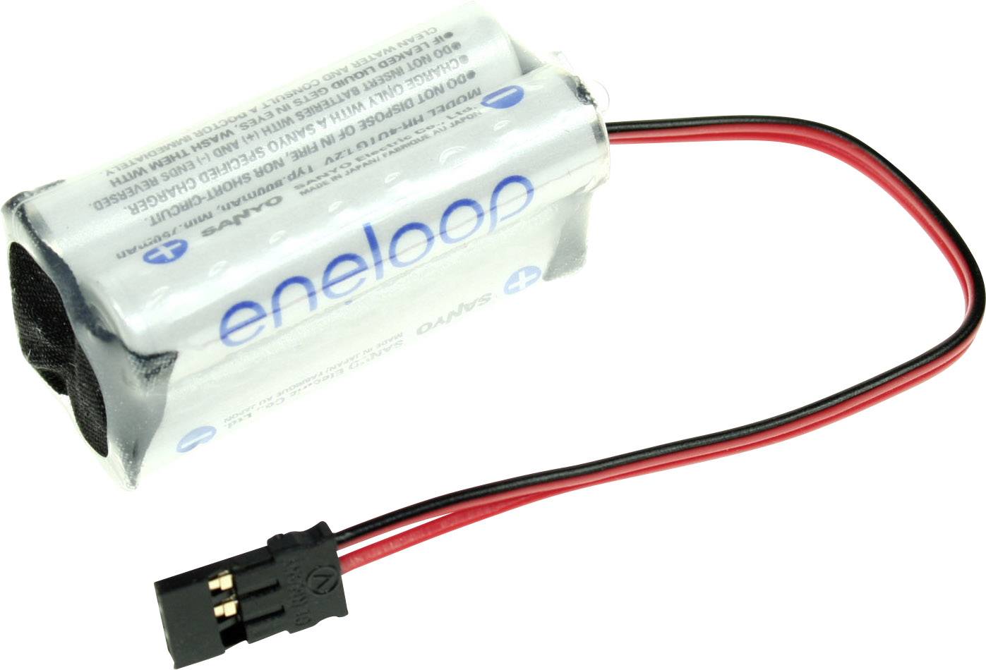 Batterie cylindrique avec connexion par câble, portant l'inscription 'eneloop'.