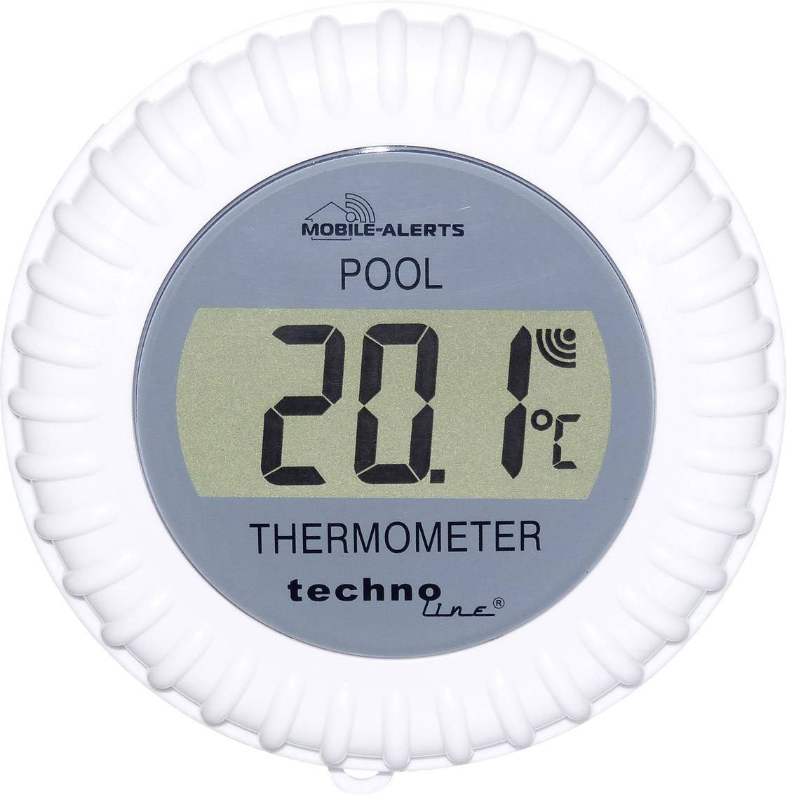Thermomètre de piscine rond avec affichage numérique indiquant 20,1 degrés Celsius.