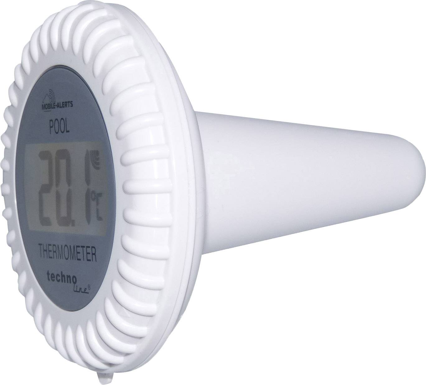 Un thermomètre de piscine blanc avec affichage numérique indique '20,1 °C'.