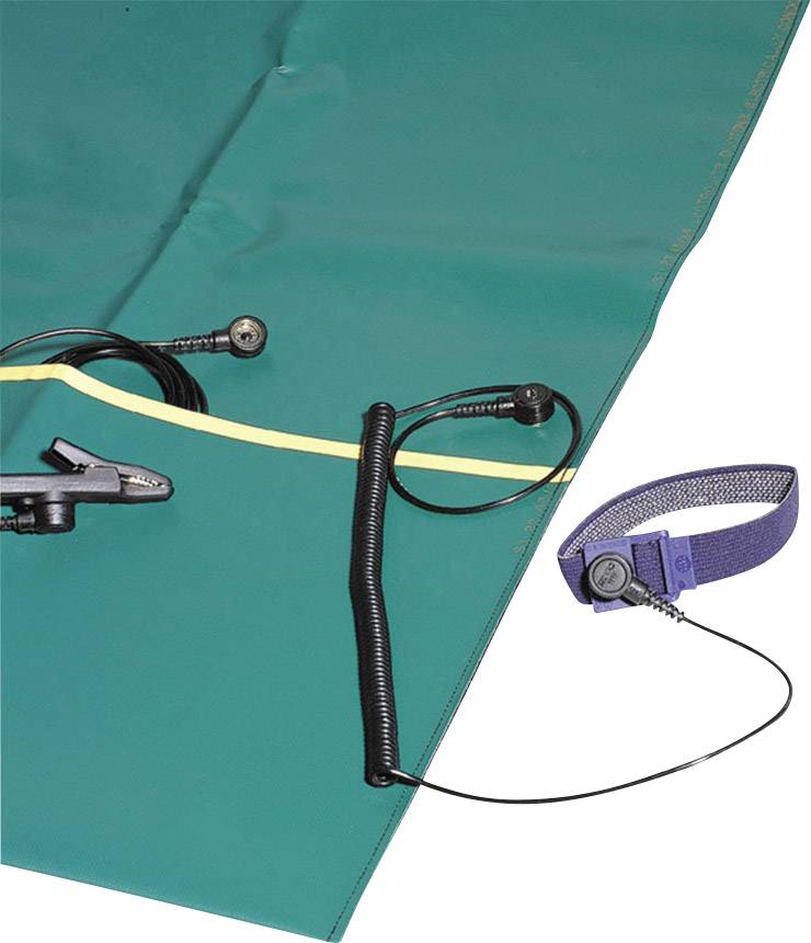 Un tissu de mise à la terre médicale vert, équipé d'un clip de fixation, de câbles et d'un bracelet pour la décharge des charges électriques.