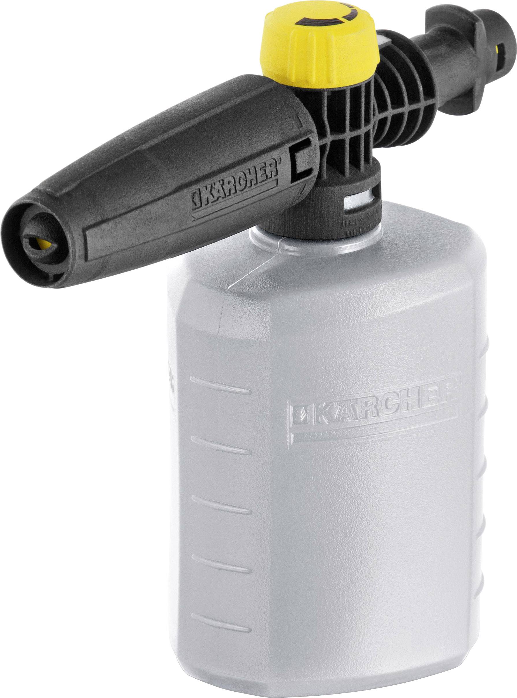 Un accessoire noir et jaune pour nettoyeur haute pression avec un réservoir de détergent gris, compatible avec les appareils Kärcher.
