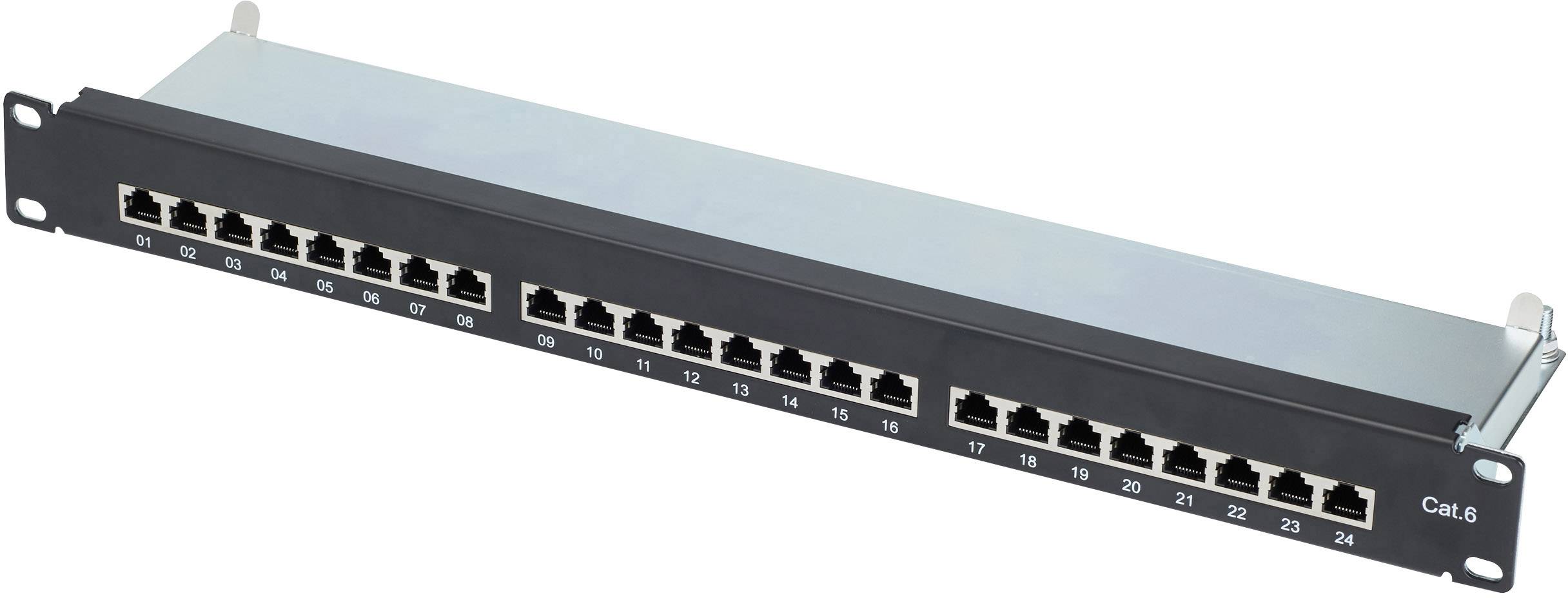 Panneau de brassage avec 24 ports RJ45, Cat. 6, compatible avec les baies réseau. La vue de face montre des ports numérotés de 01 à 24.