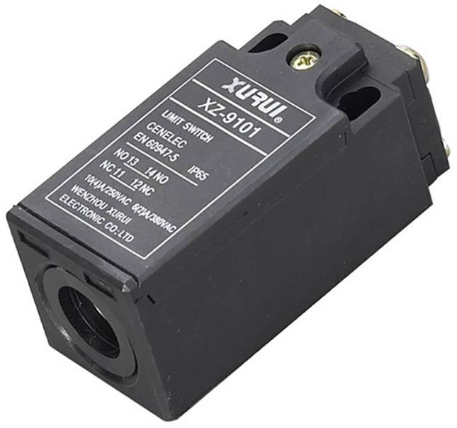 Un bouton-poussoir noir de limite avec l'inscription 'Limit Switch XZ-9101'. Fabricant : Wenzhou Xuru Electronic Co.,Ltd.